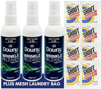 Downy Wrinkle Releaser Spray Travel Size 3 oz (Pack of 3), 8 Shout Wipes Individually Wrapped with Laundry Bag by Foxtail Collective, Ultimate Downy Wrinkle Release Spray & Shout Stain Remover Kit