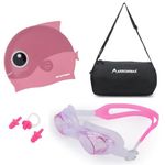 ArrowMax kids swimming kit combo with 100% Silicone Anti Fog Swimming Goggles,Cap,Earplug & Noseplug, carry bag |. Easy to carry and skin friendly (Pink)