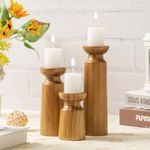 Himmel Farmhouse Wooden Candle Holders for Pillar Candles Set of 3, Rusitc Wood Candlestick Holders Table Centerpiece Decor, 7.9" 5.9" 3.9" Vintage Tall Candle Stand Decorative, Brown