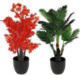 HYPERBOLES 5 Ft Big Artificial Palm Tree and Red Maple Tree Plant for Home, Office, Hotel Decor and Housewarming Gift - (Pack of 2)