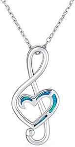 Musical Gemstone Music Student Teacher Created Blue Opal Inlay Heart Treble Clef Note Pendant Necklace for Teen Women .925 Sterling Silver