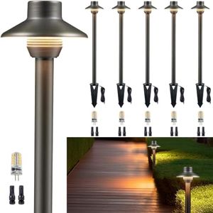 Gardenreet Outdoor Path Lights Brass, LED Landscape Pathway Light, Low Voltage Driveway Lamp Waterproof, Mini Shade 12V Wired Bronze for Walkway Sidewalk with 3W 270LM 2700K G4 Bulb 6 Pack