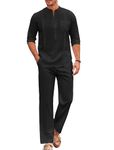 COOFANDY Men's 2 Piece Cotton Linen Sets Casual Long Sleeve Henley Shirts Yoga Pants Set Beach Cuban Outfits