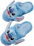 MINISO Disney Lilo & Stitch Women's Plush Slipper Indoor Bedroom Slipper, House Shoe with Anti-Skid Rubber Sole for Ladies, Blue, 6-6.5 Women/6-6.5 Men