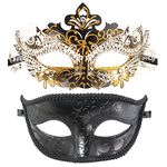 Couple Masquerade Metal Masks Venetian Halloween Costume Mask Mardi Gras Mask (Black+Black-Gold)