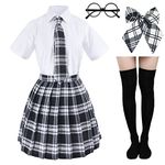 Elibelle Japanese Tartan Pleated School Uniform Cosplay Costumes with Socks Eyeglass Frame Set (Black)(M = Asia L)(SSF10)