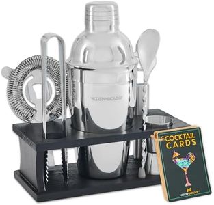 Mixology Bartender Kit - 8-Piece Silver Cocktail Shaker Set with Black Wood Stand, Recipe Cards, and Bar Accessories Ideas