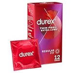 Durex Thin Feel Extra Lube Condoms, Regular Fit, 12s, Secure, Natural Latex, with Silicone Lube, Easy On Shape, More Sensitivity