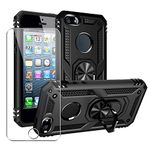 SDTEK Case Compatible with iPhone SE (2016-2019) 5 5s, Strong Rugged Hybrid Phone Cover with Magnetic Ring Holder + Stand and Glass Screen Protector 360 (Black)