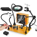 Magnetic Helping Hands Soldering Third Hand with 3X & 6X LED Magnifying Lamp, Hot Air Gun Holder,12V Solder Fume Extractor, Extra Large & Heavy Duty Base, Four Arms Solder Station for Soldering PCB