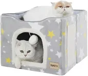 Jiupety Cat Bed for 2 Cats,Cat Houses for Indoor Cats, with Scratch Pad and Cat Ball Toy, Large Cat Cave Cube for Hideaway,Foldable Cat Condo/Kitten Bed,Cute Cat Beds,17in,Grey