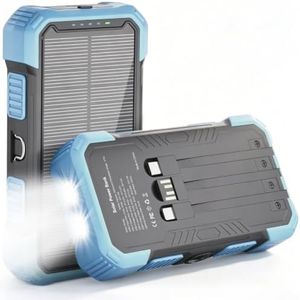 Solar Charger Power Bank 20000mAh Portable Wireless Charger with Built-in Cables, USB-C Fast Charging Battery Pack, Outdoor Phone Charger with Dual LED Flashlight for Camping, Hiking, Emergency (Blue)