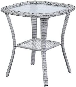 Patio Tables Wicker Side Table - Rattan Coffee Table with Glass Top End Tables for Outdoor Outside Patio Porch Square Light Grey
