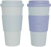 Copco Acadia 16oz Travel Mug with Lid, Set of 2 Double Wall Insulated Tumbler, Non-Slip Sleeve and BPA-Free - Microwave & Dishwasher Safe, Reusable Plastic To Go Travel Coffee Mug (Purple/Teal)