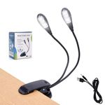 Music Stand Light, Clip on LED Book Lights, USB and AAA Battery Operated, Reading Lamp in Bed, 4 Brightness Levels, ideal for Bookworms, Piano Player, Kids, Travel (Dual Arm)