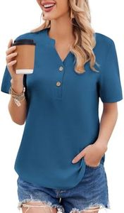 Weardear Camicia Donna Elegante Blusa 100% Cotone Scollo a V Camicette Top Traspirante Morbido Manica Corta Estiva Bluse Estive Abbigliamento Maniche Casual Shirt Abbottonato Casuale Blu L