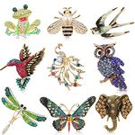 9 Pieces Woman Animal Brooch Pins Set Vintage Crystal Pin Dragonfly Butterfly Hummingbird Owl Elephant Peacock Bee Colorful Retro Animal and Insect Shape with Rhinestone for Woman Girl AccessoriesQ