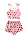 SweatyRocks Women's Summer Strawberry Print Cami Top and Shorts Sleepwear Pajamas Set, Strawberry Pink, Small