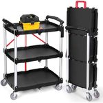 Folding Service Cart with Wheels, 3 Shelf Rolling Foldable Utility Cart,Collapsible Tool Cart 176 Lbs, Portable Folding Food Cart for Home Kitchen Garage Restaurant Storage