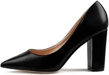 JOY IN LOVE Chunky Heels for Women High Block Heel Pointy Toe Dress Work Pumps, Black Matte, 7