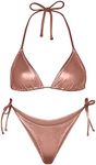 EVELUST Metallic Bikini for Women - Retro Shiny Silver Gold Swimsuits Bathing Suit Triangle Tops Side Tie Thong Bottom Set, Champagne, Small