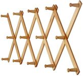 Dseap Accordian Wall Hanger: 16” High Wooden Wall Expandable Coat Rack, Hat Rack Holder, Accordion Hook for Baseball Caps, Coats, Mugs, 14 Peg Hooks, Natural