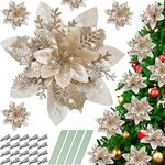 Serwalin 20pcs Christmas Flowers Artificial Champagne Gold Poinsettia Flowers Decorations with Clips Stems Glitter Christmas Tree Ornaments Xmas Wedding Party Wreath Garlands DIY, 14cm/5.5in