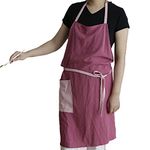 UHEIM Premium Ultra lightweight(0.4 lbs) Pure Linen Bib Apron Adjust Kitchen Apron with Large Pocket 6 Colors (Purple Red)