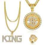 LongZYU 3Pieces Hip Hop Costume Kit 80s/90s Hip Hop Fancy Dress Accessories for Kids Adult Fake Gold Chain with King Sign Fake Dollar Sign Necklace Hip Hop Ring for Men Rapper Jewelry Decoration Set