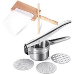 4 Pieces Gnocchi Board Set, Includes Plastic Trapezoidal Baking Scraper, Gnocchi Pasta Board Stripper Paddle, Dowel Wood Rolling Pin, Stainless Steel Potato Ricer Masher with 3 Interchangeable Discs