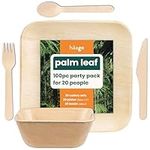 HAAGO 100-Piece Eco Tableware Set: 22cm Square Plates, 450ml Square Bowls, Birchwood Cutlery - Eco-Friendly Like Wooden & Bamboo Plates for Hot & Cold Food, Microwave & Freezer Safe for Picnics