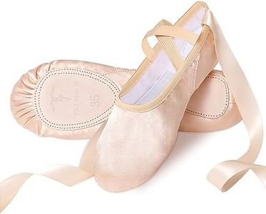 Ballet Shoes for Girls, Pink Ballet Slippers Split Sole Satin Women Dance Shoes Flats with Ribbon for Yoga Gymnastics Performance, Ballet Pink, 7.5