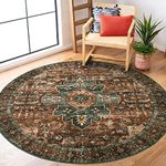 Moynesa Ultra-Thin Washable Round Rug - 5ft Entryway Vintage Kitchen Mat, Non-Slip Non-Shedding Stain Resistant Bedroom Carpet for Indoor Living Dining Room Coffee Table Nursery, Brick Red/Dull Teal