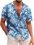 COOFANDY Men's Hawaiian Shirt Short Sleeve Cotton Casual Floral Print Blue L