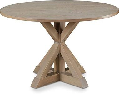 Finch Alfred Round Solid Wood Rustic Dining Table for Farmhouse Kitchen Room Decor, Wooden Trestle Pedestal Base, 46.5" Wide Circular Tabletop, Distressed Beige, 47 in x 47 in x 29.2 in