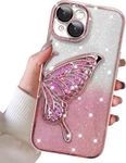 mobistyle Silicone Designed For iPhone 15 Cover With Glitter Cute Butterfly Electroplating Design Back Cover Case For Women Teen Girls (Pink)