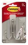 Command Brushed Nickel Double Decorative Hook for Indoor Use - 1 Metal Large Hook and 1 Adhesive Strip - Hang Jackets, Purses, Handbags, Hats, Scarves, Dog leads - Organise Damage Free