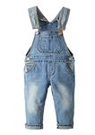 KIDSCOOL SPACE Baby Girls Denim Overalls, Elastic Waistband Inside Washed Stretchy Jeans Jumpsuit,Light Blue,12M