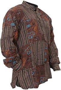 SHOPOHOLIC FASHION Camisas Hippies con Parche Estampado Lavado a la Piedra para Hombres, Camisa de Abuelo de Algodón de Manga Larga, Brown, 4XL