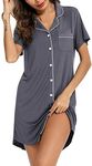 Anjue Pajama Nightgowns for Women Button Down Pajamas Tops Short/Long Sleeve Sleepwear Sleep Shirts Nightdress S-XXL, Short Sleeve-iron Grey, Large