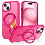 GUAGUA Magnetic Case for iPhone 15 6.1-inch with 360 Degree Rotatable Invisible Ring, iPhone 15 Case with Stand Magnetic Ring Holder Translucent Matte Shockproof Protective Phone Case (Hot Pink)