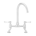 ENKI, Astbury, KT099, Deck Mounted Chrome, Kitchen Sink Mixer Tap, Featuring a Swivel Swan Neck Spout and Quarter Turn Ceramic White Levers, Solid Brass Construction, Traditional Design