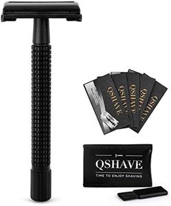 QSHAVE Double Edge 4 inch Long Handle Safety Razor Twist Butterfly Open Matte Black Steel Coating (1 Razor + 5 pcs Titanium Coated Blades + Leather Travel Case)