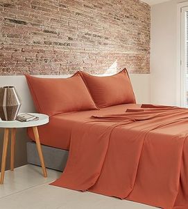 CleverPolly Vintage Washed Microfibre Sheet Set with 2 Pillowcases - Ultra Soft, Comfy, Luxurious Bed Sheet - Flat & Fitted Sheet Set for Bedding - Terracotta - Double