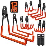 Garage Hooks, 12 Pack Wall Storage Hooks with 2 Extension Cord Storage Straps, Heavy Duty Tool Hangers for Utility Organizations, Wall Mount Holders for Garden Lawn Tools, Ladders, Bike (Orange)