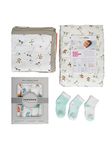 MOM'S HOME New Born Organic Cotton Gift Set - 0-1 Year-1 Quilted Quilt & Pack of 4 - Muslin, 1 Muslin Blanket, P3 Socks