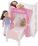 18 Inch Doll Bed Furniture | White Loft Bunk Bed with Shelving Units and Angled Single Bed, Includes Ladder, Pink and White Polka Dot Bedding and Coordinating Curtains | Fits American Girl Dolls