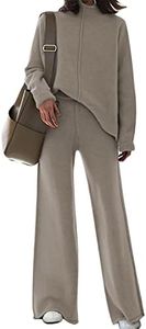 Duigluw Women's 2 Piece Outfits Knit High Neck Pullover Wide Pants Tracksuit Sweater Set, Khaki, Medium