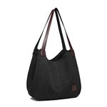 Kono Women Canvas Hobo Shoulder Bag Handbag Ladies Vintage Multiple Pockets Tote Top Handle Bags for Shopping Work School Travel Casual Daily (Black)