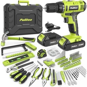 PULITUO 20V Cordless Drill Set 199-Piece, Electric Home Tool Set with 2 Batteries, 30Nm, 21+1 Torque Settings, 2-Speed, Keyless 3/8" Chuck, LED Light, Power Tool Kit for Home DIY & Garage(Green)